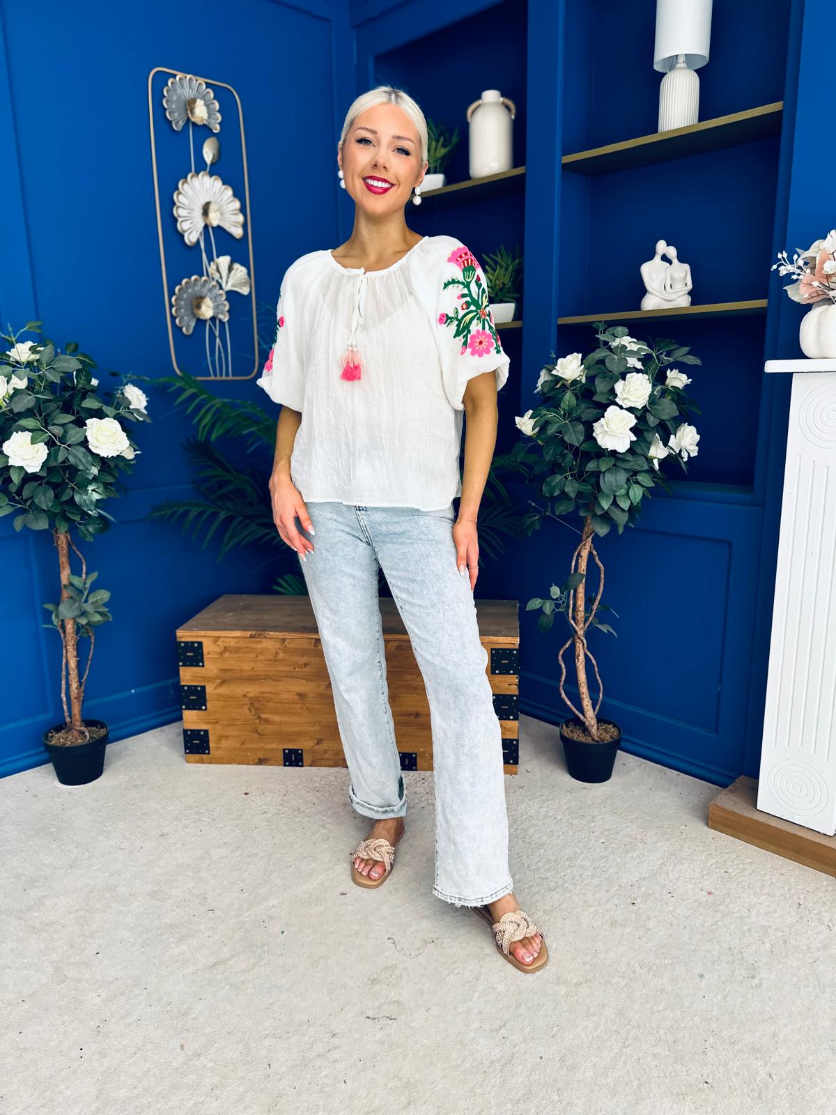 Alissa Embroidered Short Sleeve Top Cream