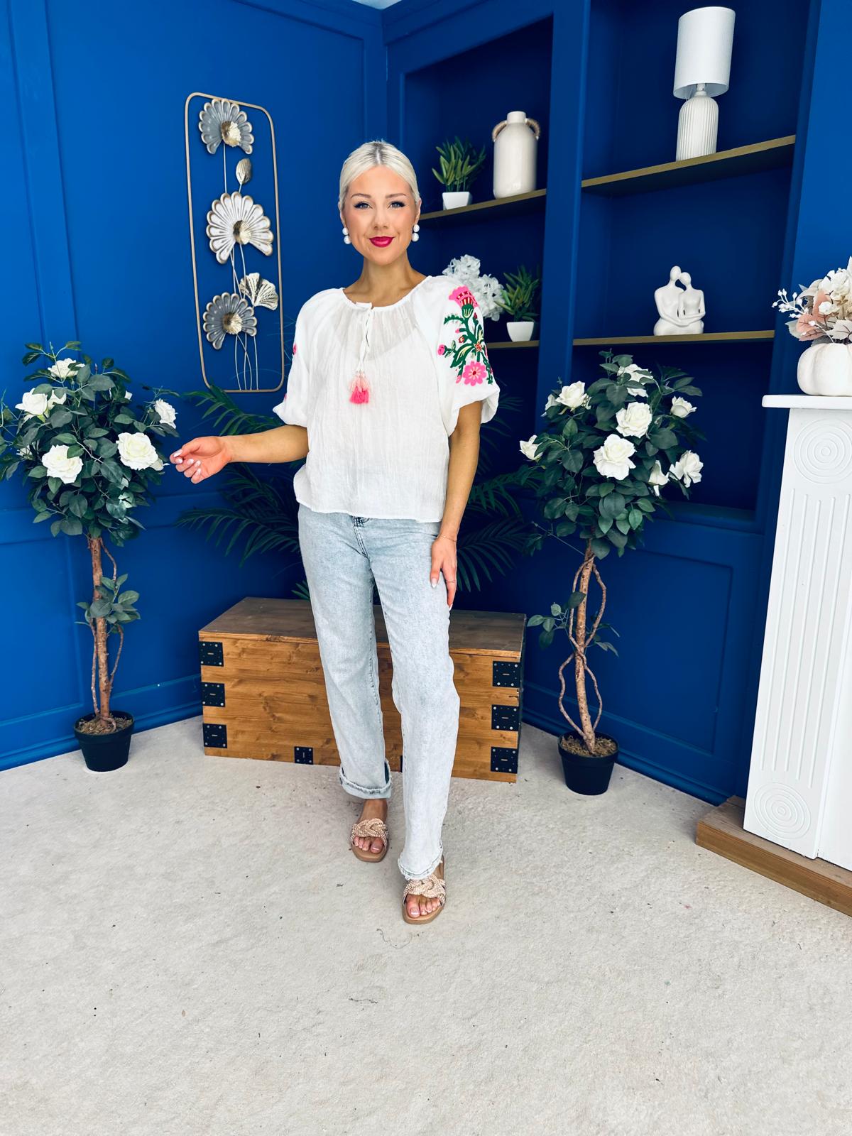 Alissa Embroidered Short Sleeve Top Cream