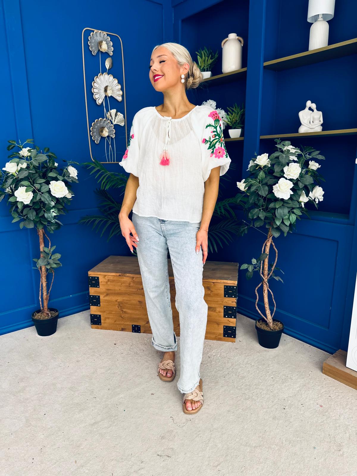 Alissa Embroidered Short Sleeve Top Cream