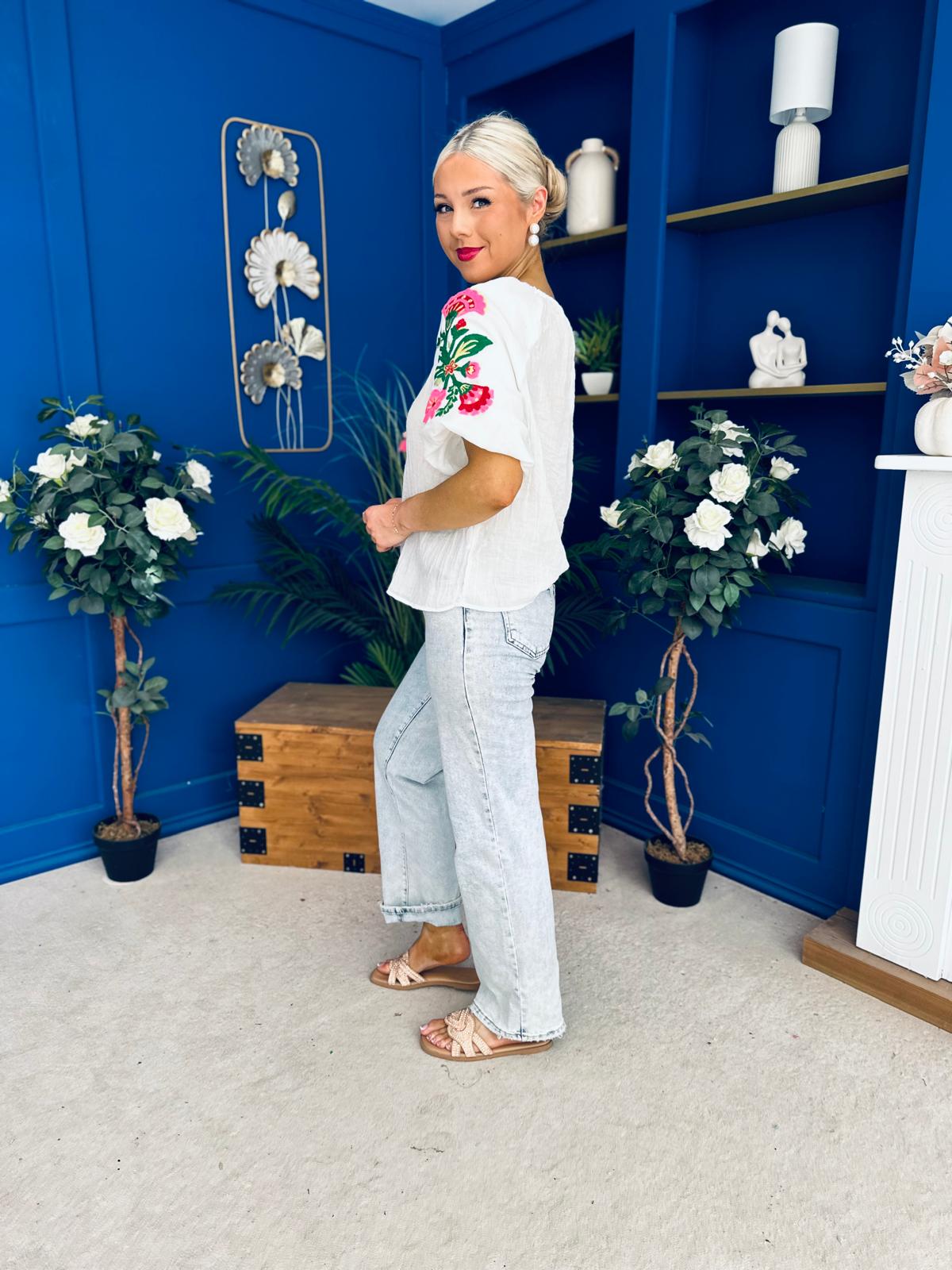 Alissa Embroidered Short Sleeve Top Cream