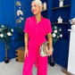 Daisy Short Sleeve Belted Jumpsuit Hot Pink
