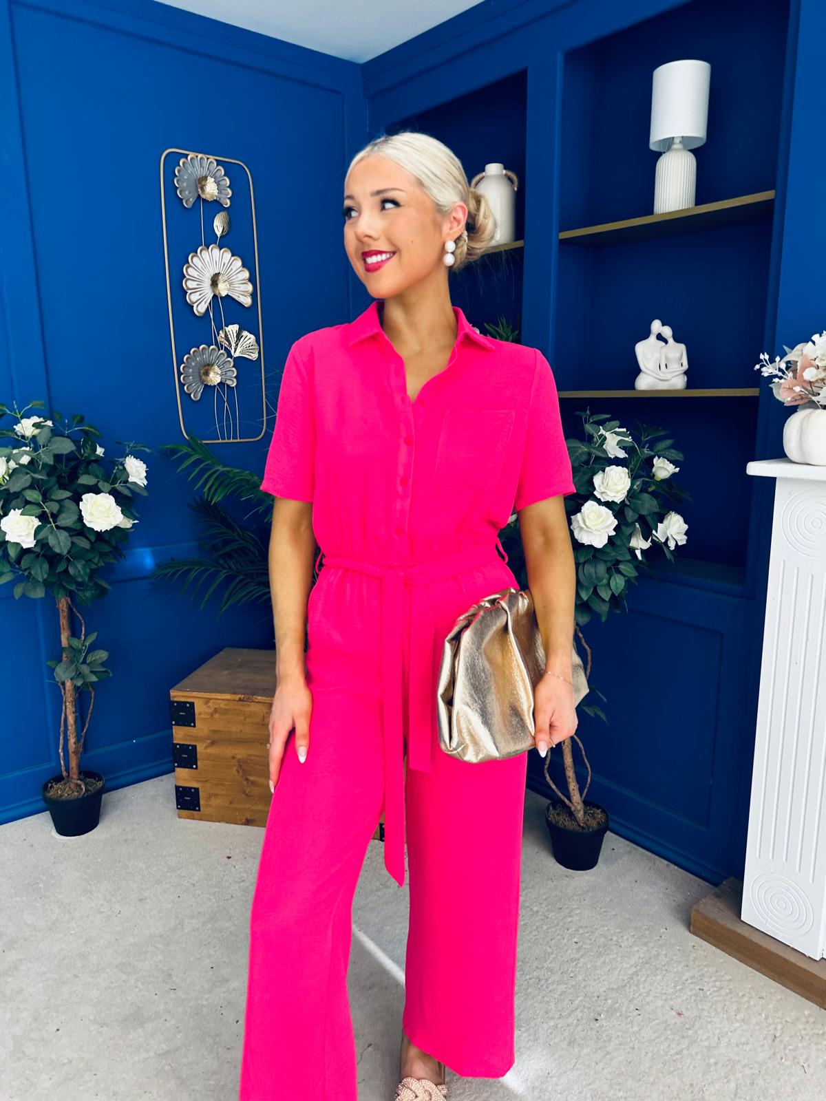 Daisy Short Sleeve Belted Jumpsuit Hot Pink