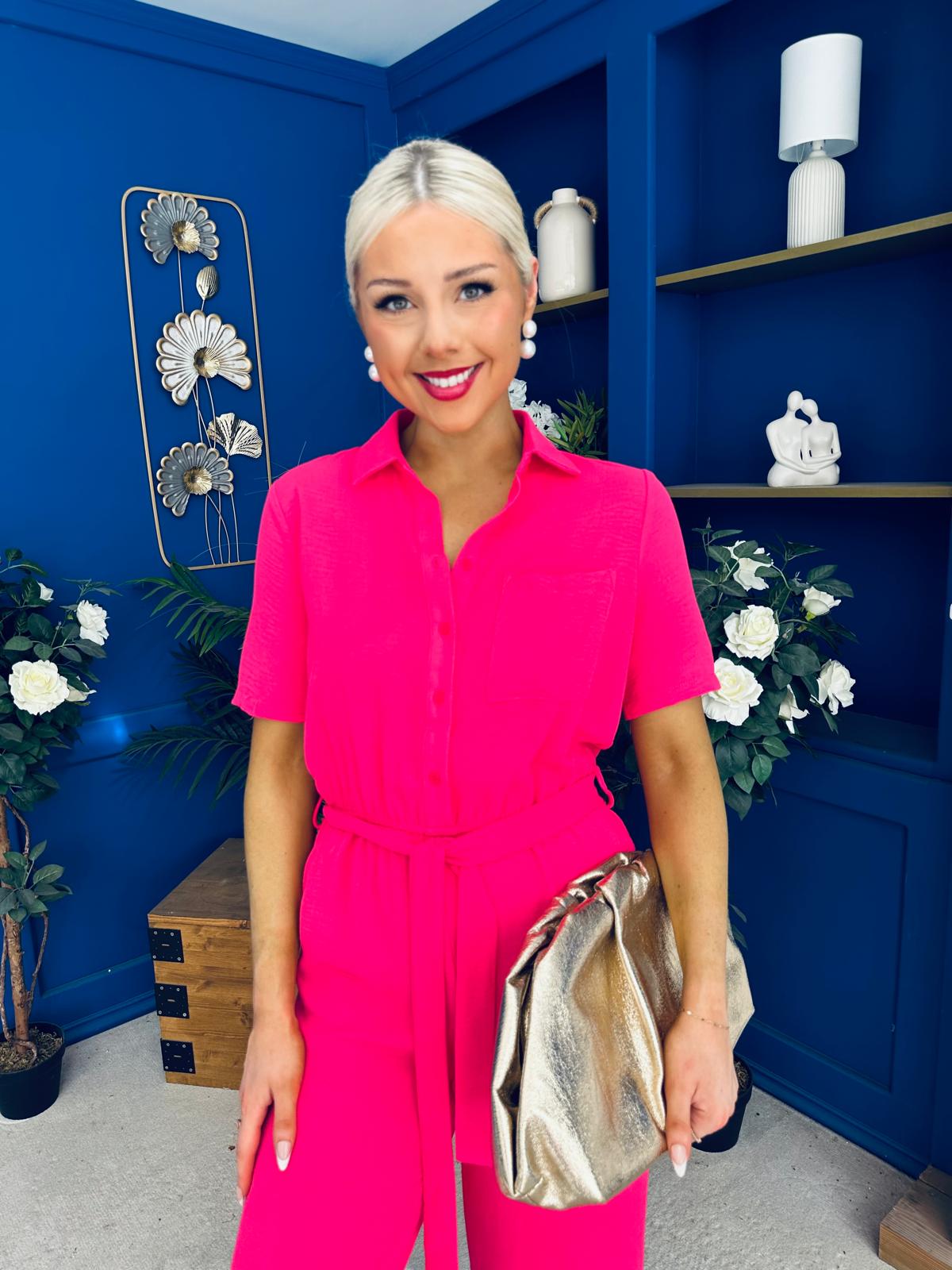 Daisy Short Sleeve Belted Jumpsuit Hot Pink