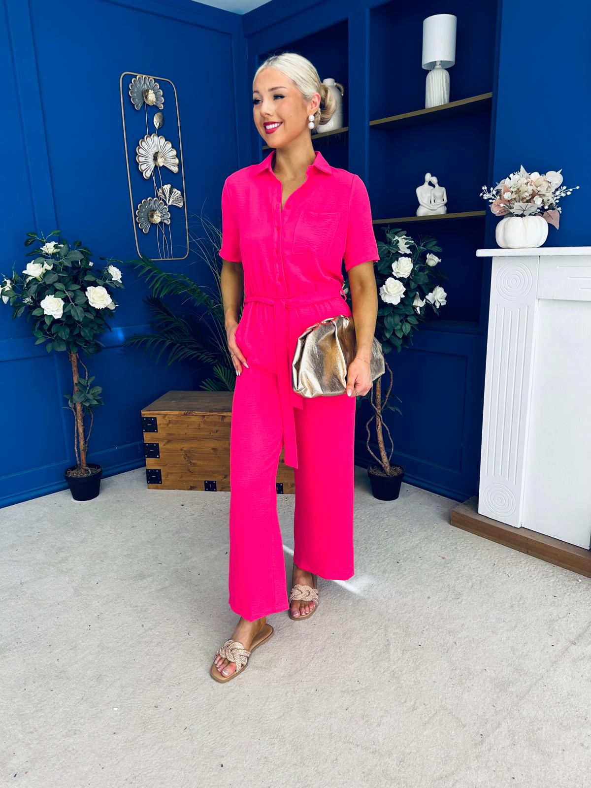 Daisy Short Sleeve Belted Jumpsuit Hot Pink