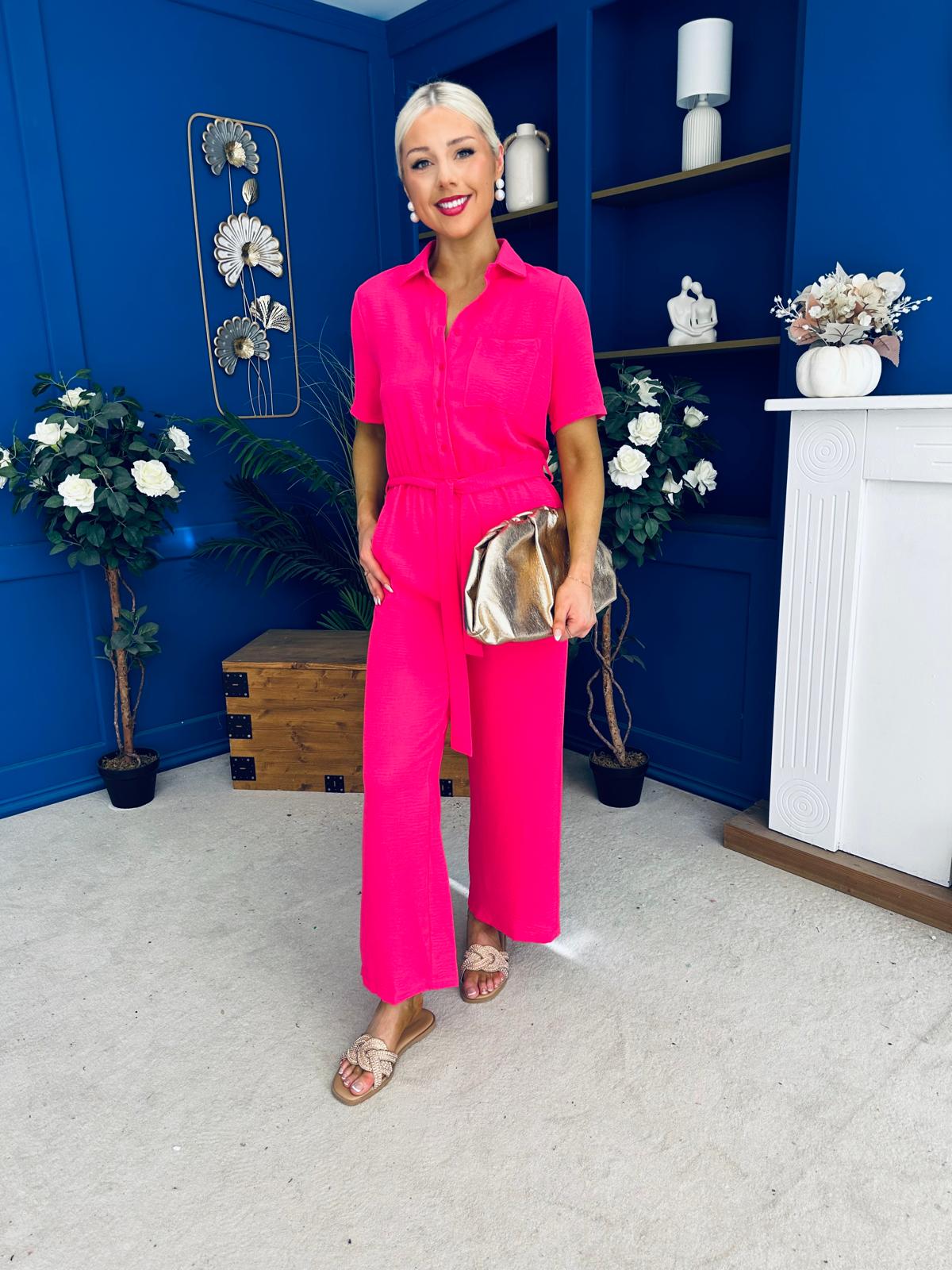 Daisy Short Sleeve Belted Jumpsuit Hot Pink