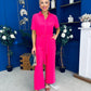 Daisy Short Sleeve Belted Jumpsuit Hot Pink