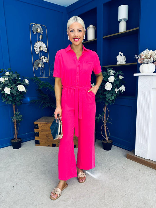Daisy Short Sleeve Belted Jumpsuit Hot Pink