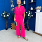 Daisy Short Sleeve Belted Jumpsuit Hot Pink