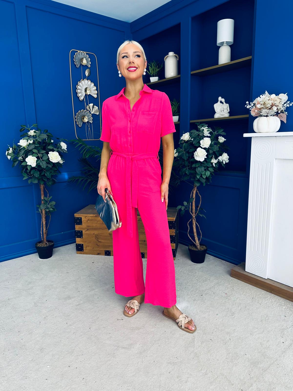 Daisy Short Sleeve Belted Jumpsuit Hot Pink
