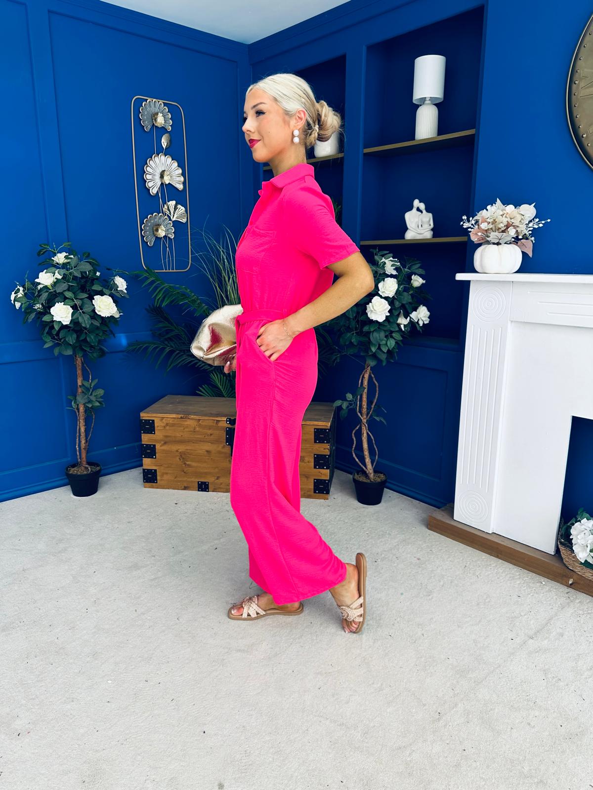 Daisy Short Sleeve Belted Jumpsuit Hot Pink
