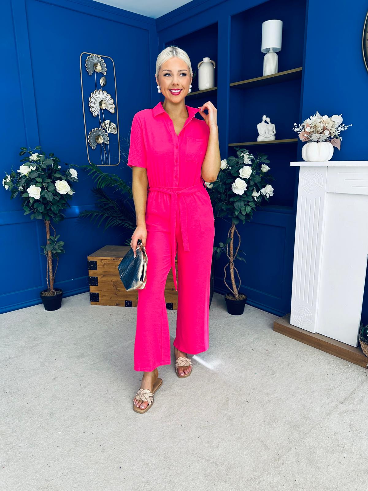 Daisy Short Sleeve Belted Jumpsuit Hot Pink