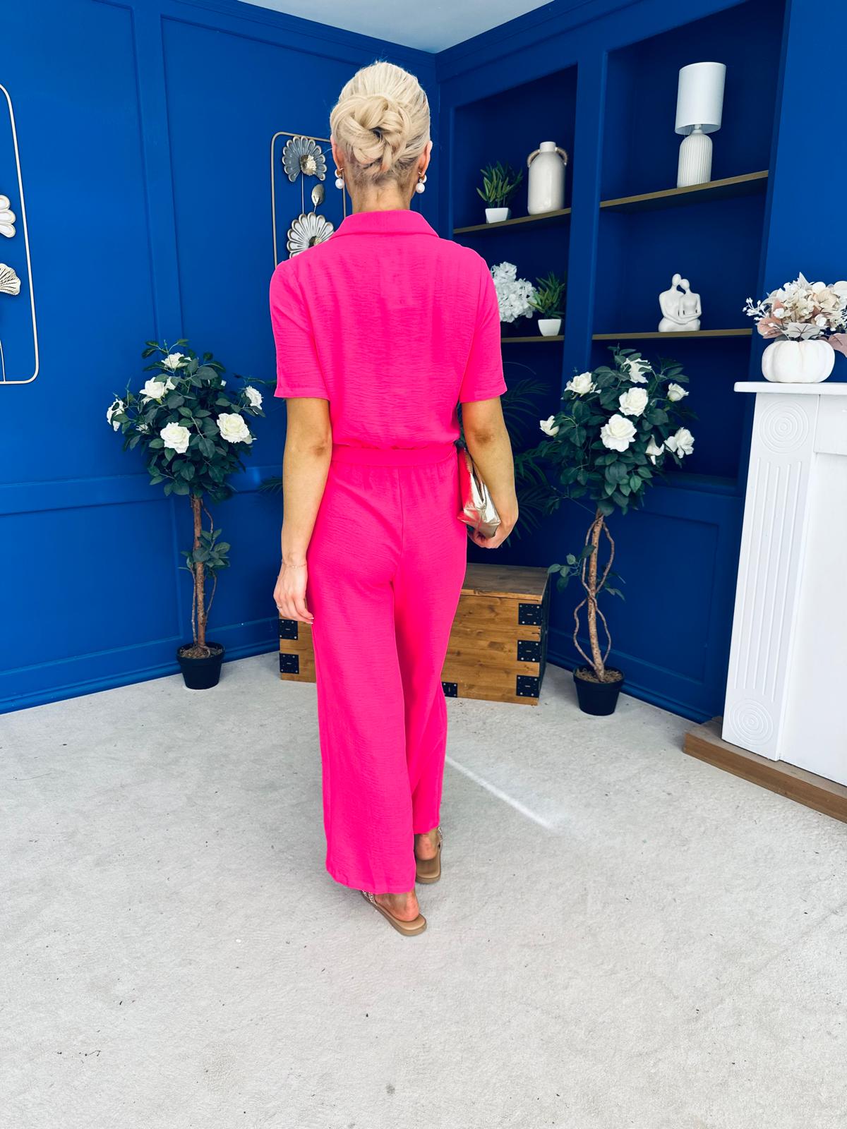 Daisy Short Sleeve Belted Jumpsuit Hot Pink