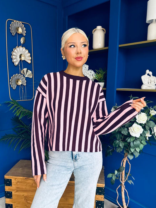 Shelby Striped Detail Jumper Pink & Burgundy