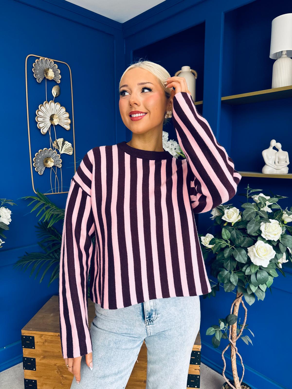 Shelby Striped Detail Jumper Pink & Burgundy