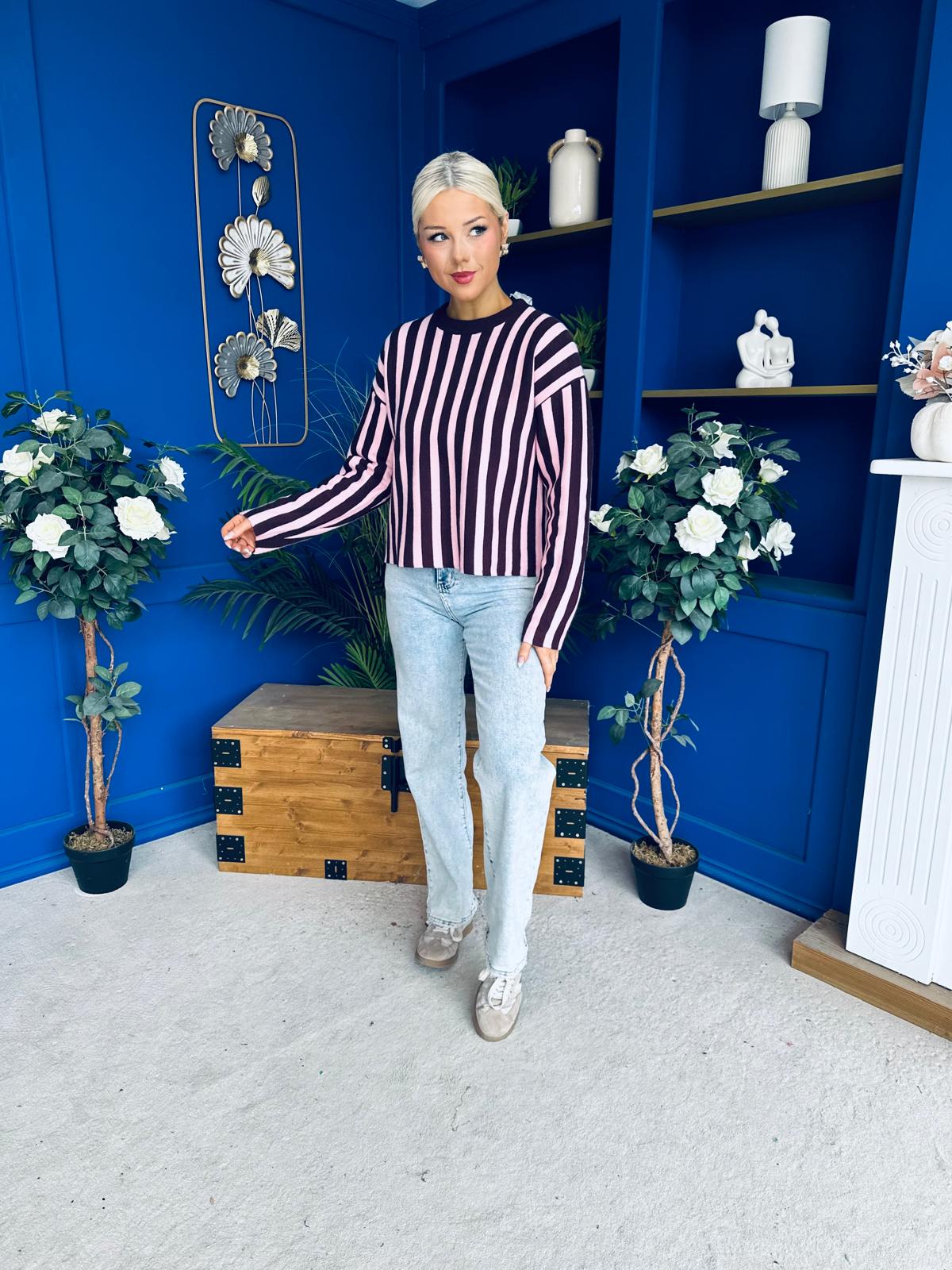 Shelby Striped Detail Jumper Pink & Burgundy