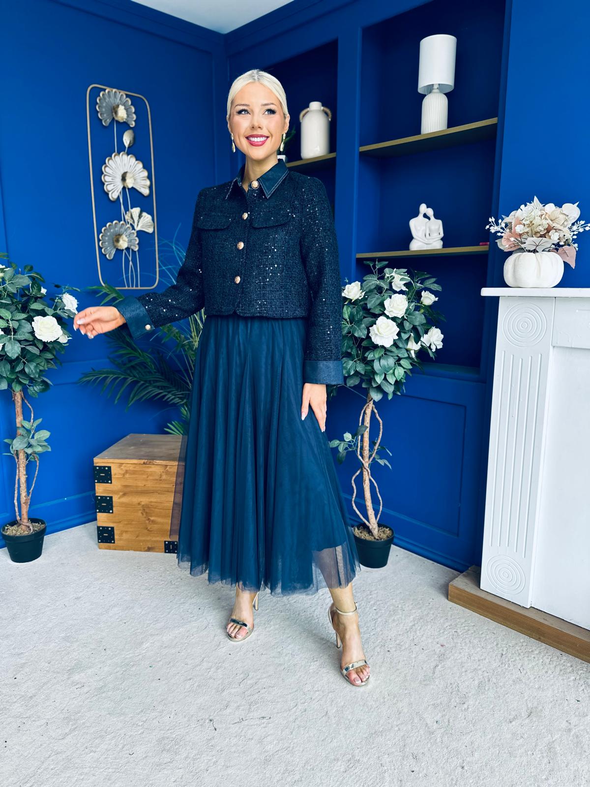 Carol Detailed Tweed Jacket Navy