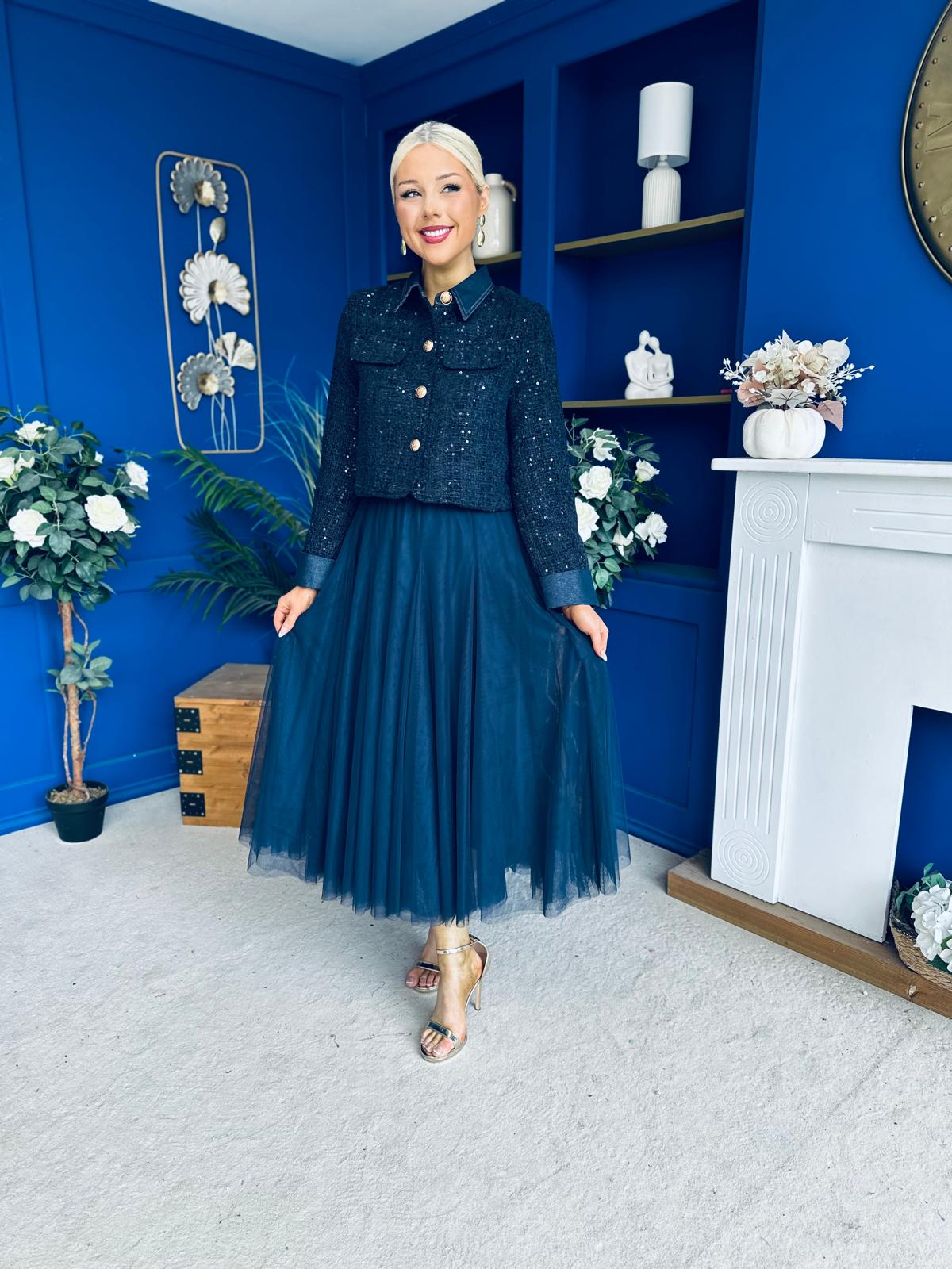 Carol Detailed Tweed Jacket Navy