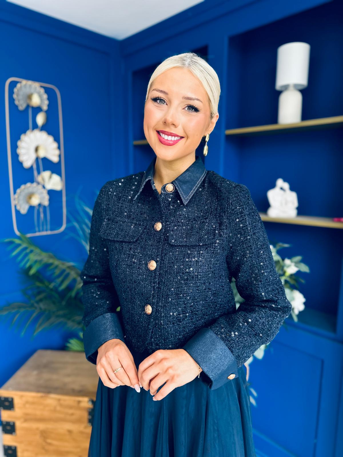 Carol Detailed Tweed Jacket Navy