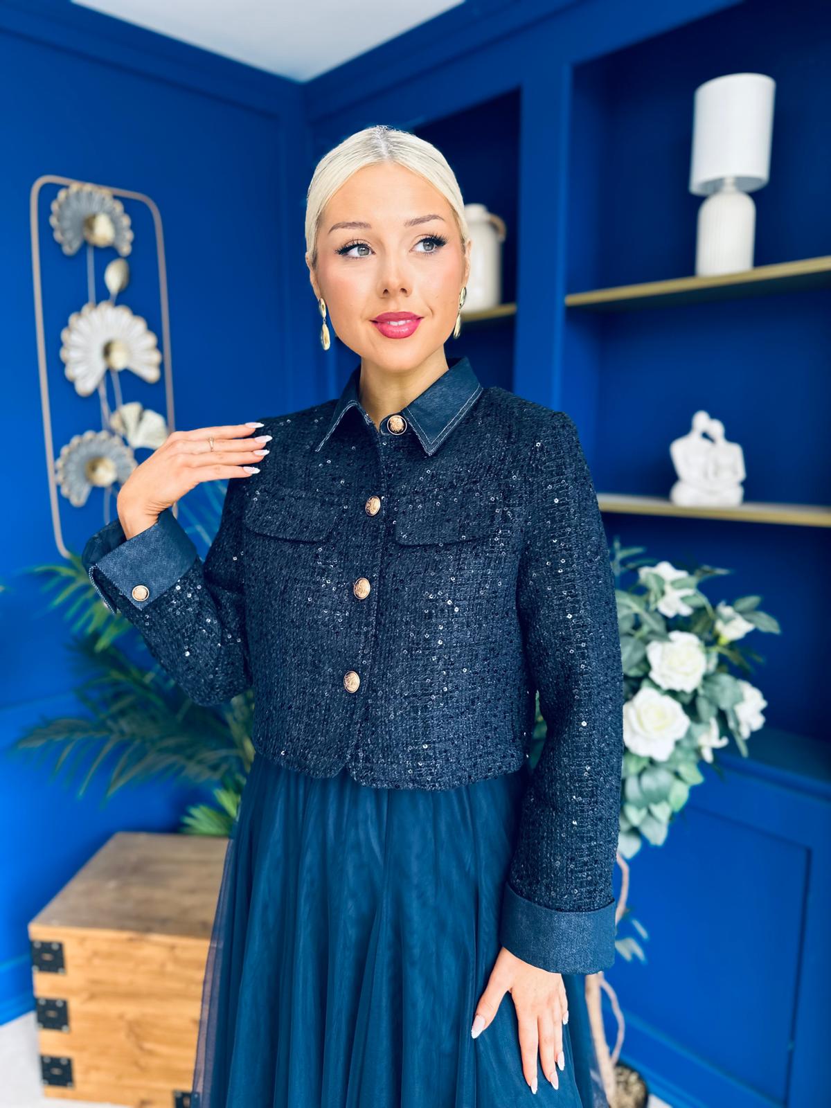 Carol Detailed Tweed Jacket Navy