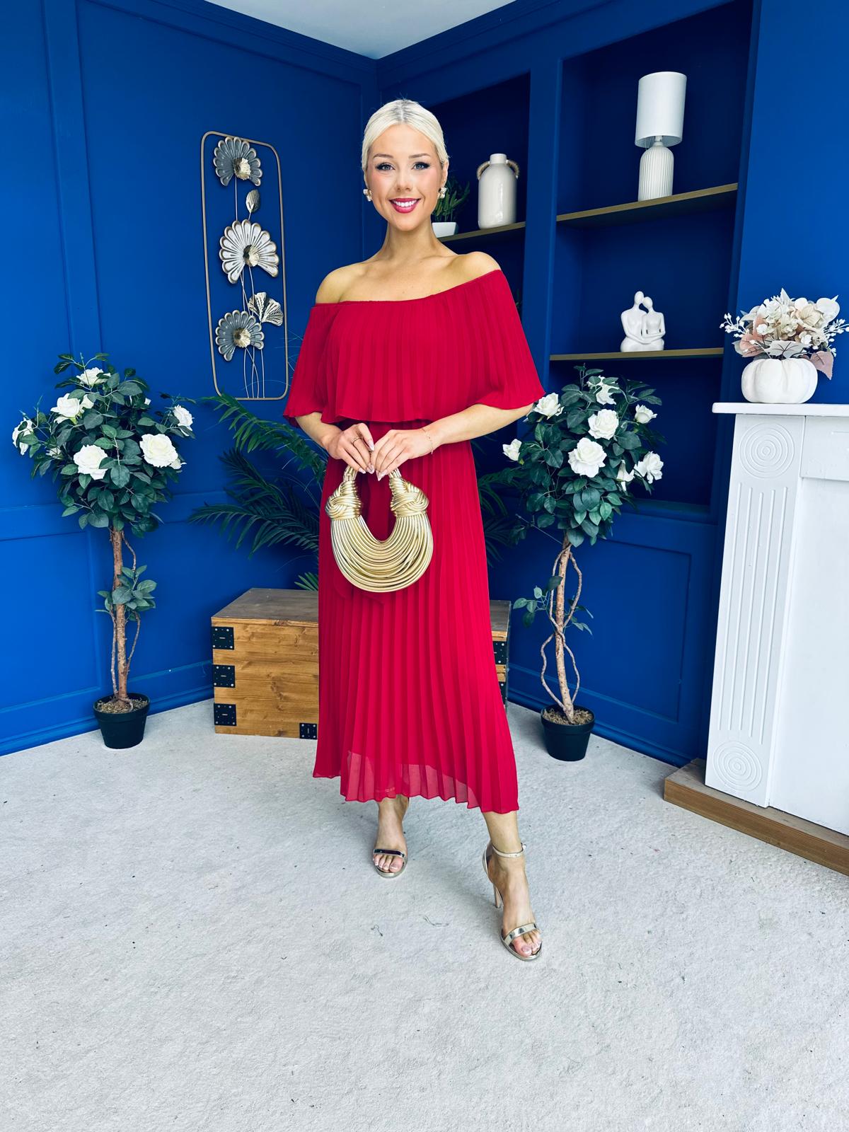 Aileen Pleated Bardot Midi Dress Rouge