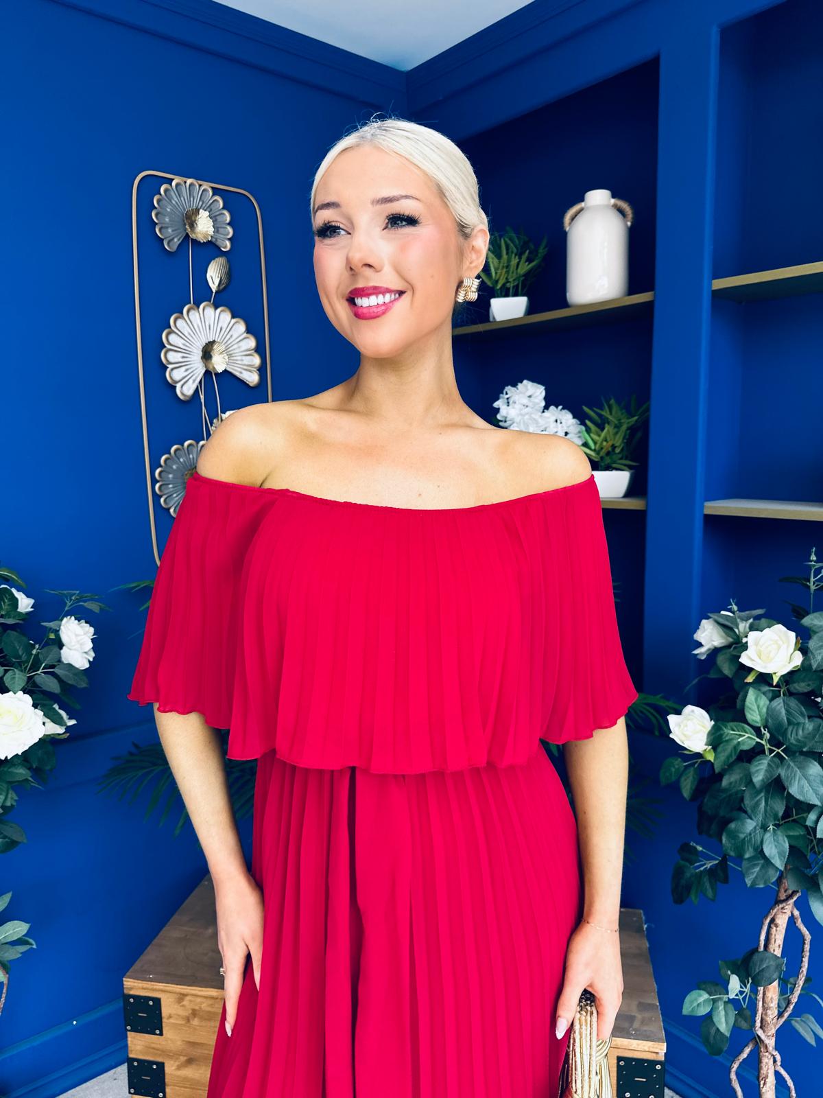 Aileen Pleated Bardot Midi Dress Rouge