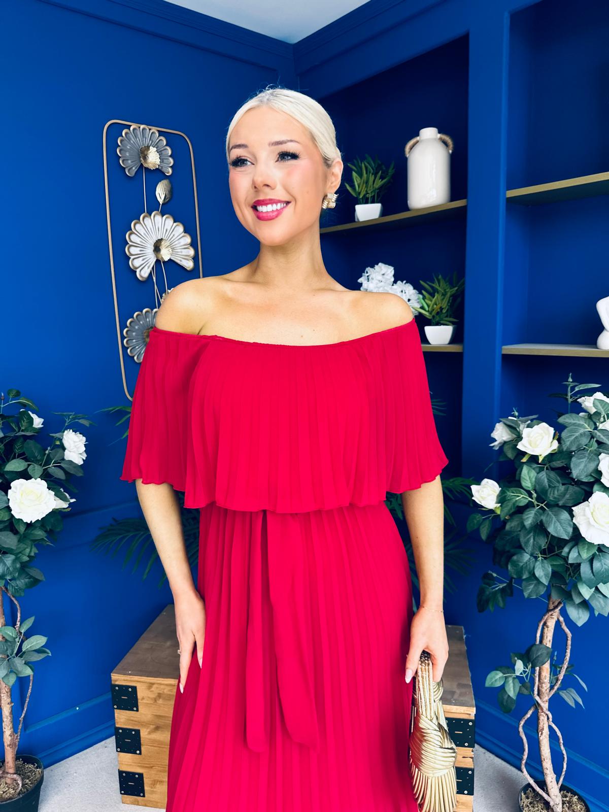 Aileen Pleated Bardot Midi Dress Rouge