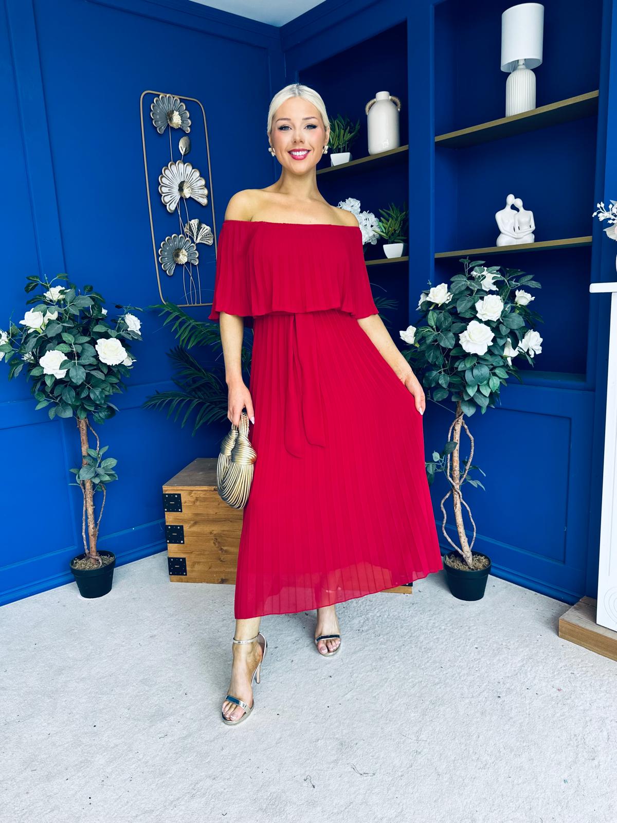 Aileen Pleated Bardot Midi Dress Rouge
