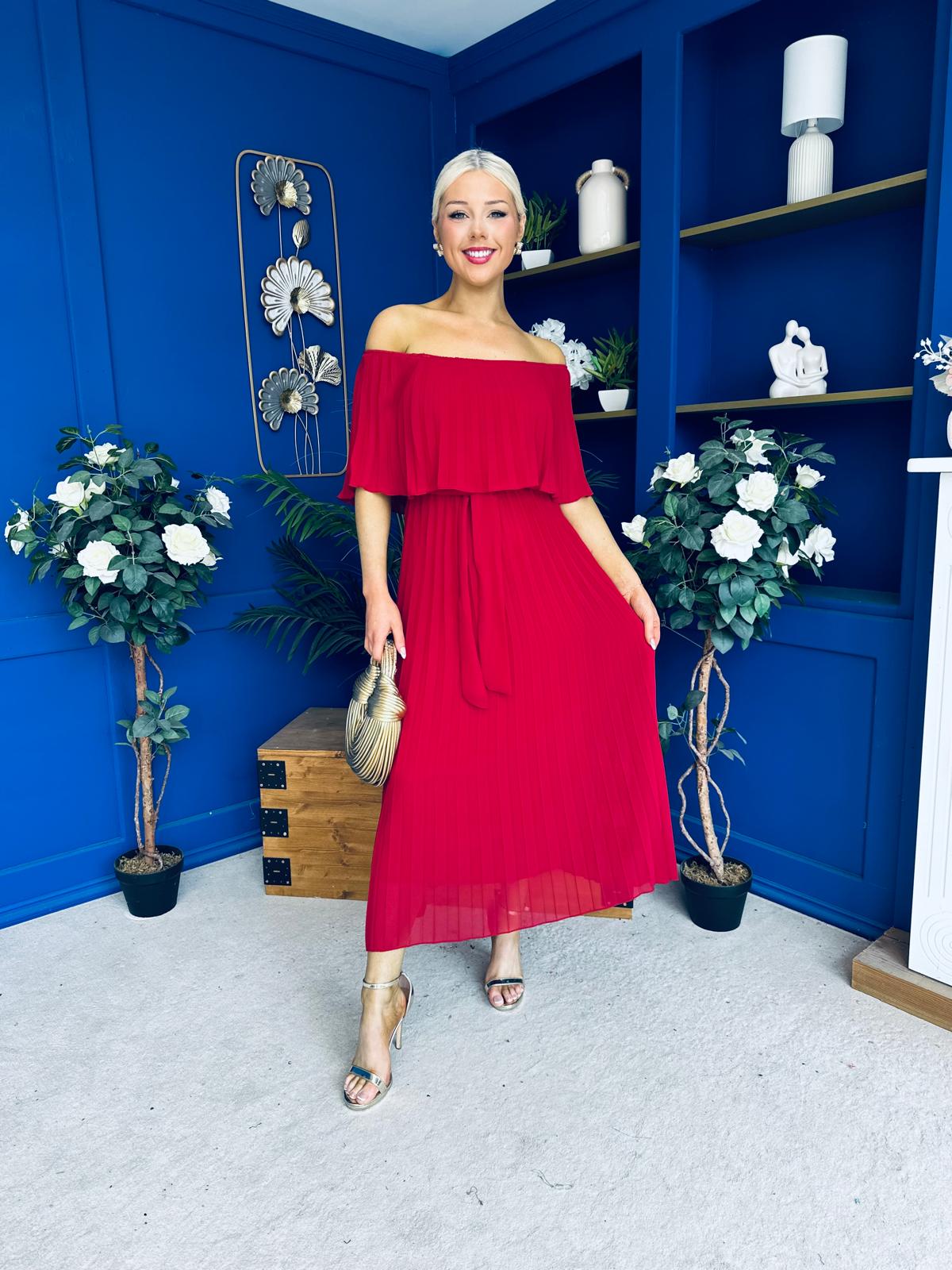 Aileen Pleated Bardot Midi Dress Rouge