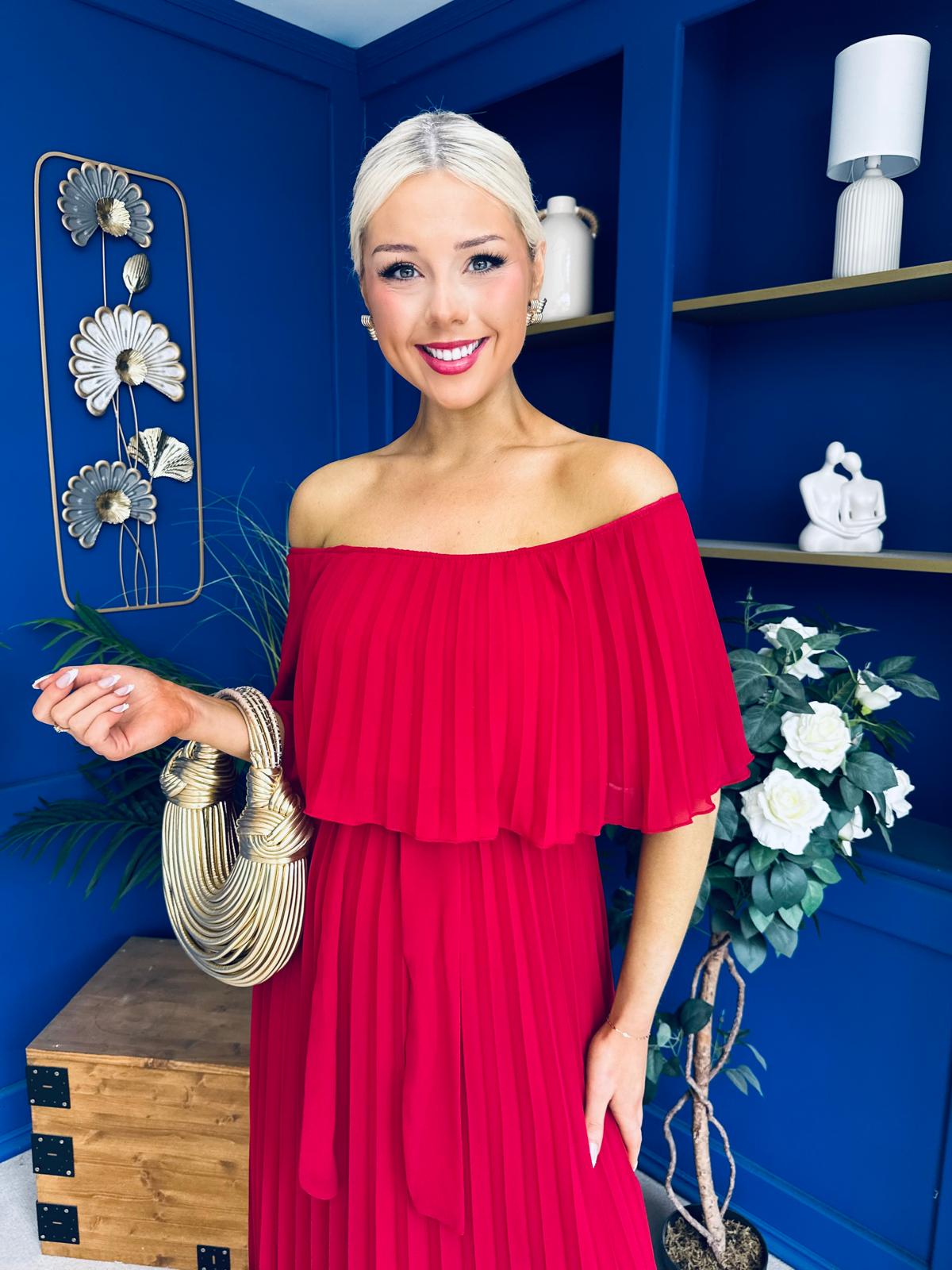 Aileen Pleated Bardot Midi Dress Rouge