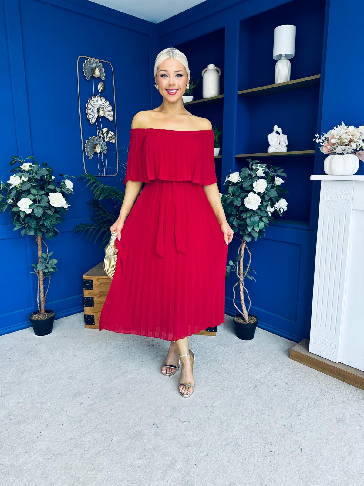 Aileen Pleated Bardot Midi Dress Rouge
