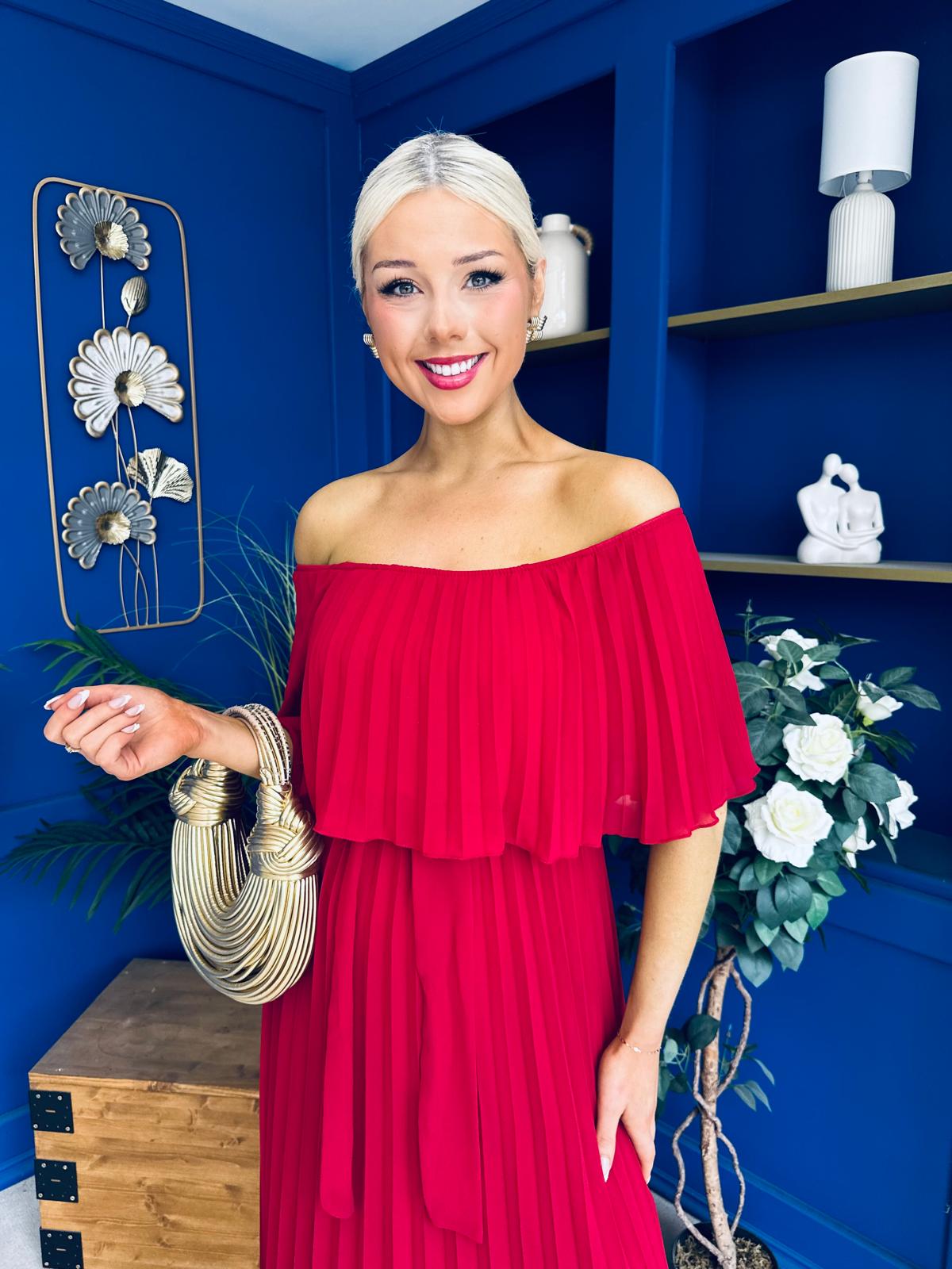 Aileen Pleated Bardot Midi Dress Rouge