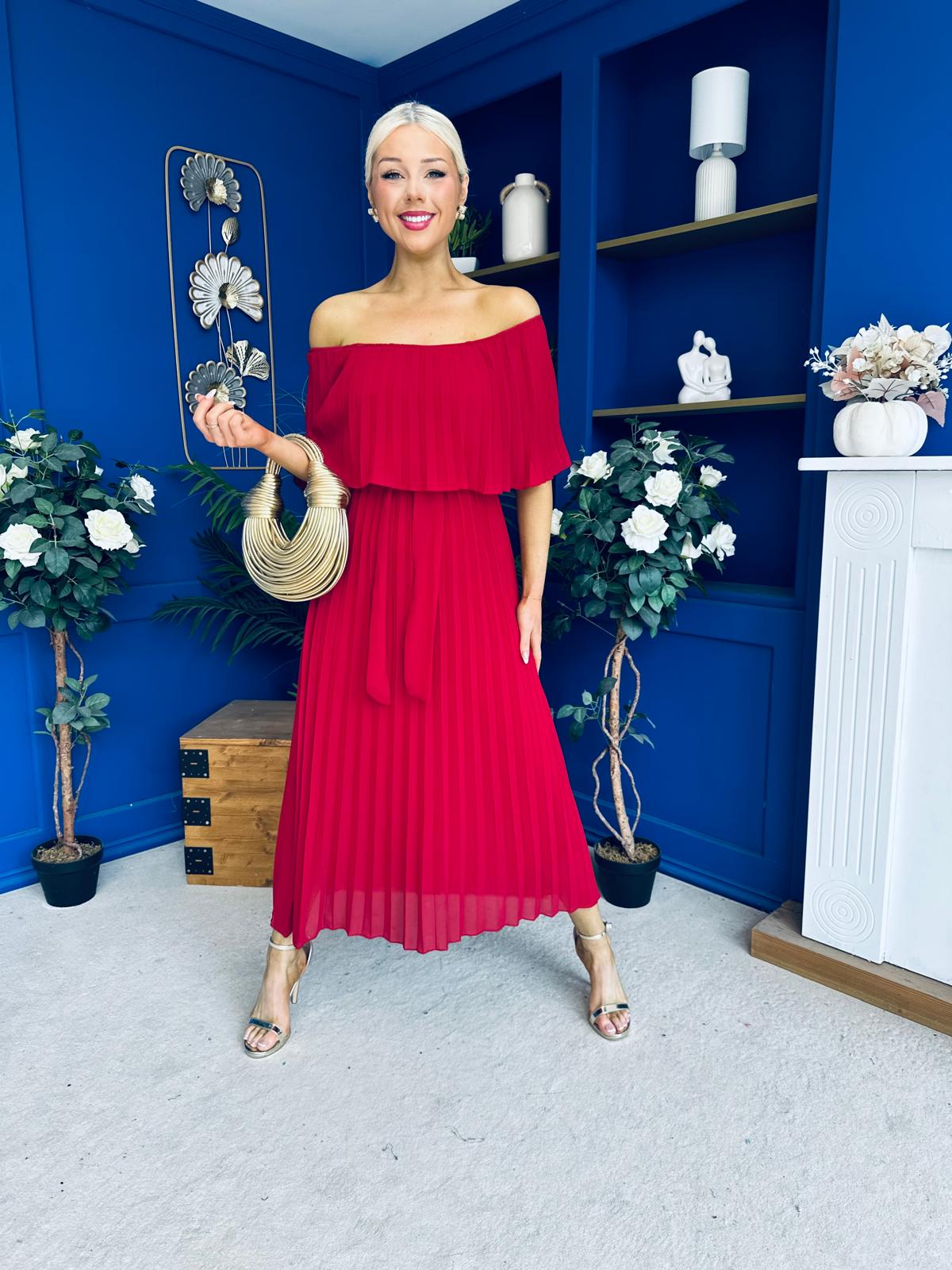 Aileen Pleated Bardot Midi Dress Rouge