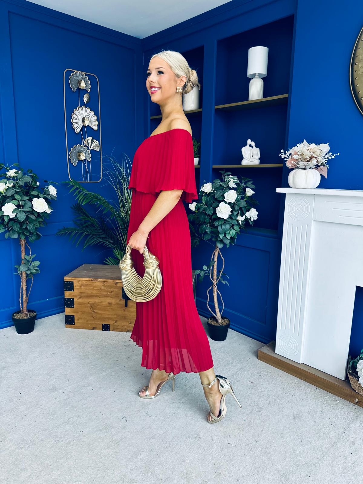 Aileen Pleated Bardot Midi Dress Rouge