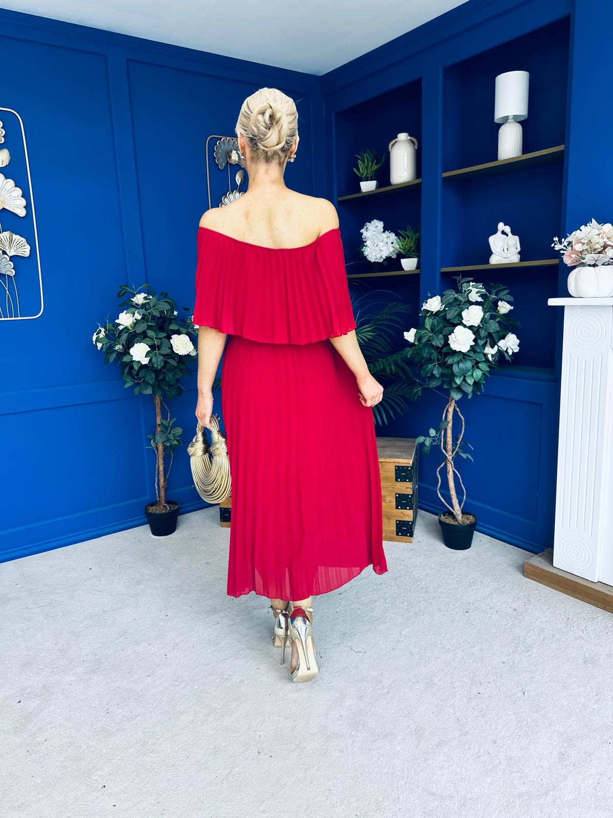Aileen Pleated Bardot Midi Dress Rouge