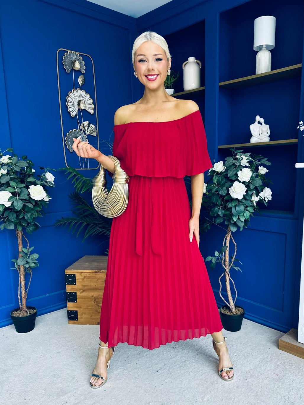 Aileen Pleated Bardot Midi Dress Rouge