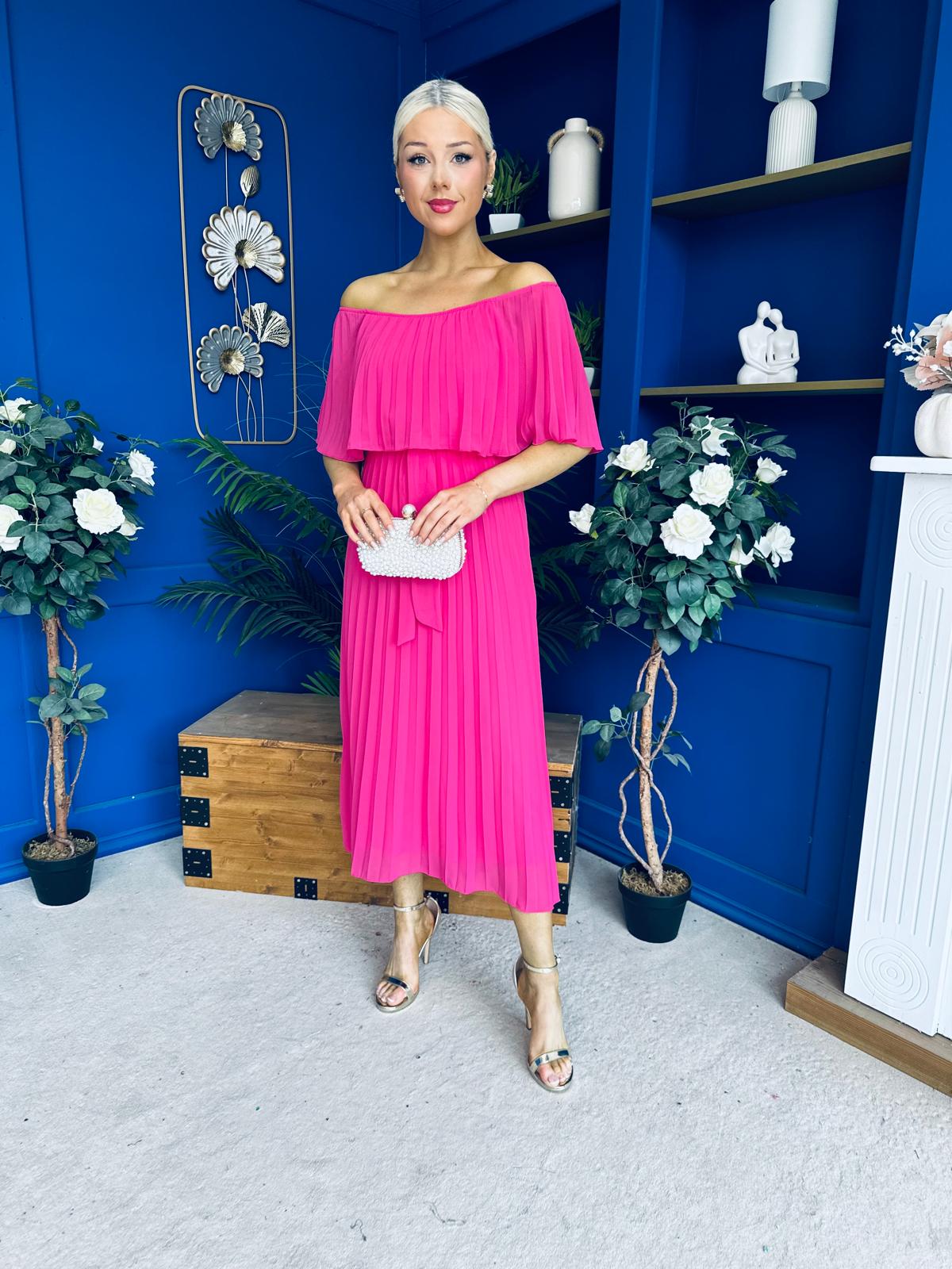 Aileen Pleated Bardot Midi Dress Hot Pink