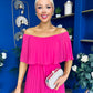 Aileen Pleated Bardot Midi Dress Hot Pink