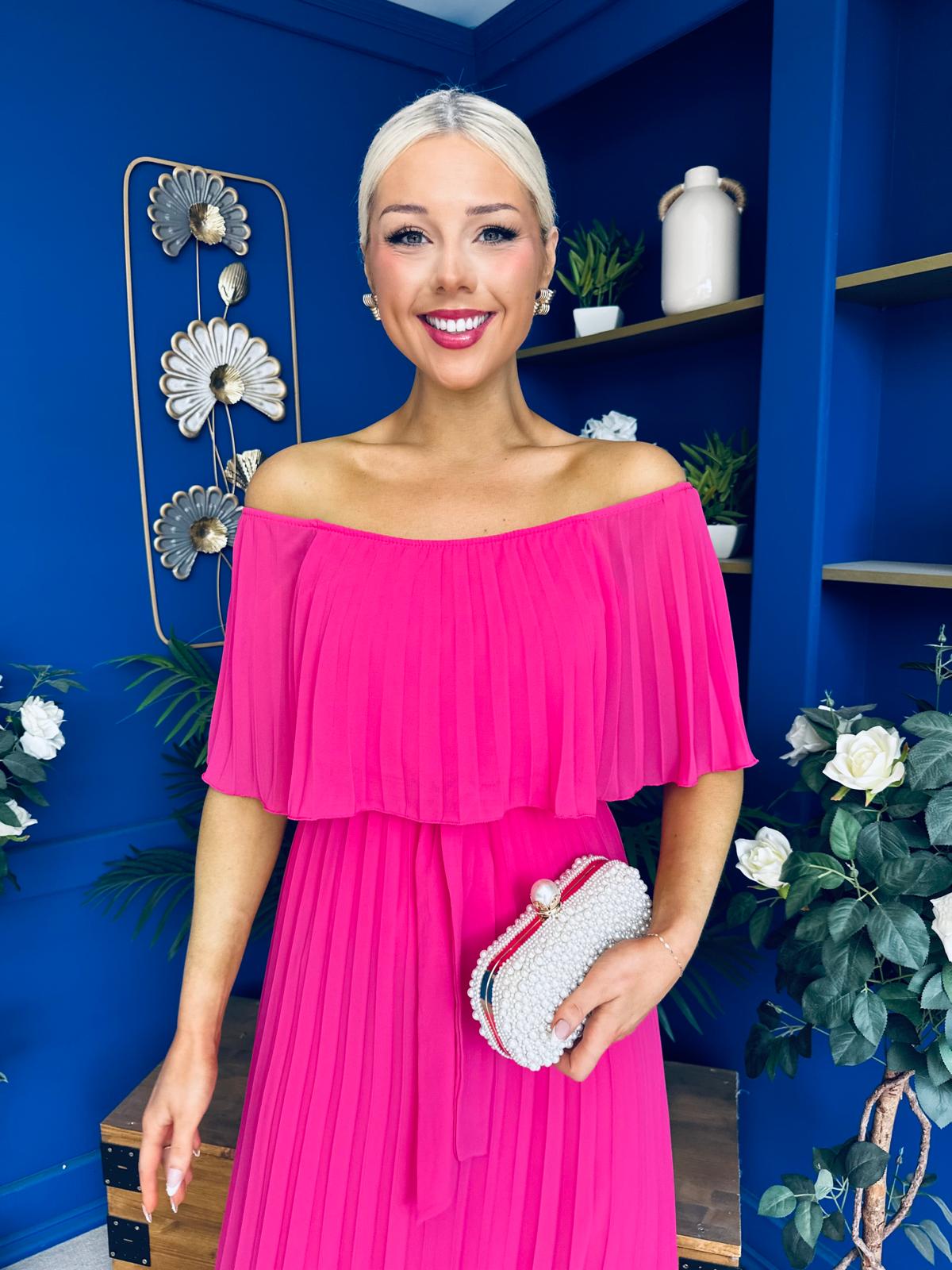 Aileen Pleated Bardot Midi Dress Hot Pink