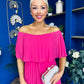 Aileen Pleated Bardot Midi Dress Hot Pink