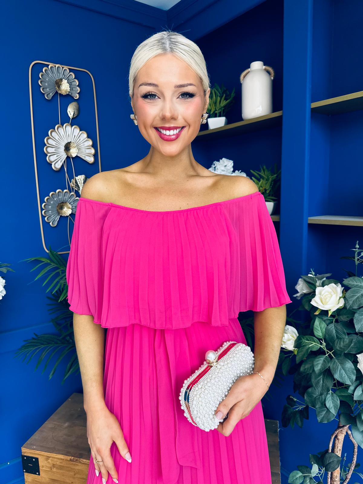 Aileen Pleated Bardot Midi Dress Hot Pink