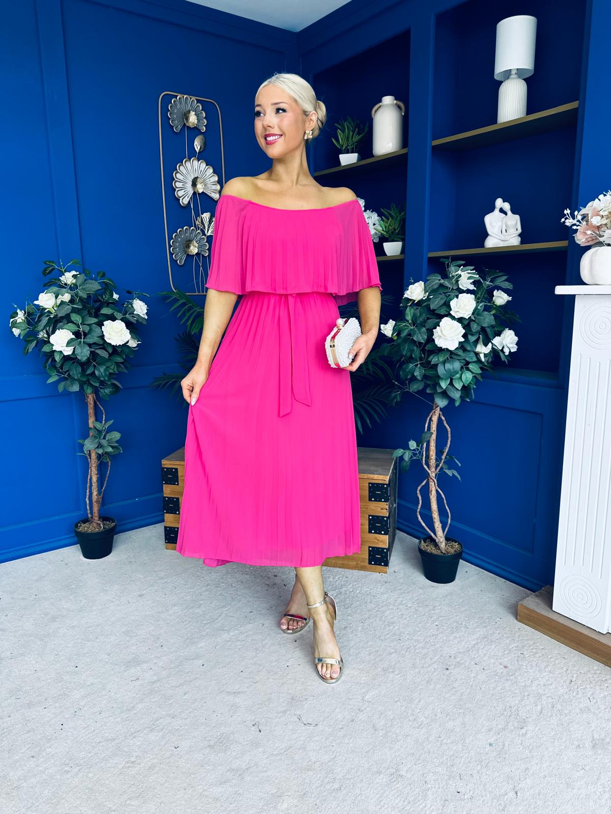 Aileen Pleated Bardot Midi Dress Hot Pink