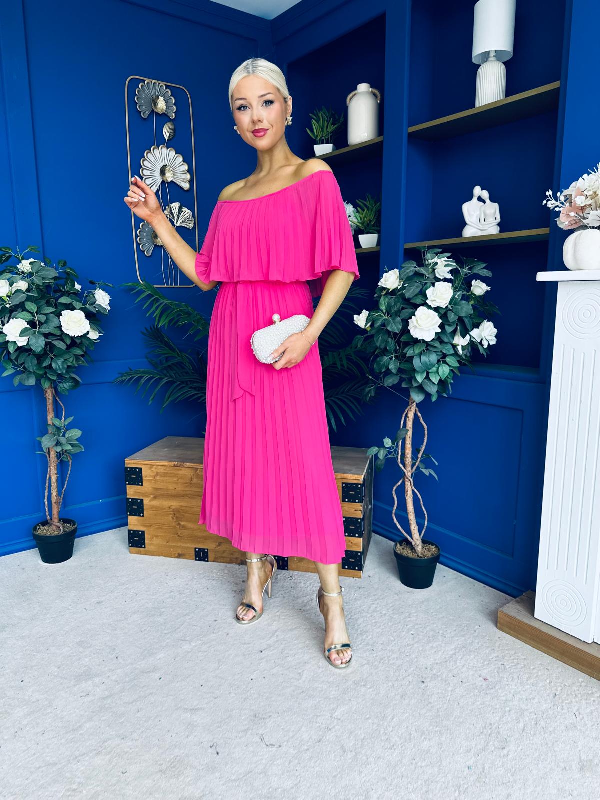 Aileen Pleated Bardot Midi Dress Hot Pink