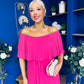 Aileen Pleated Bardot Midi Dress Hot Pink