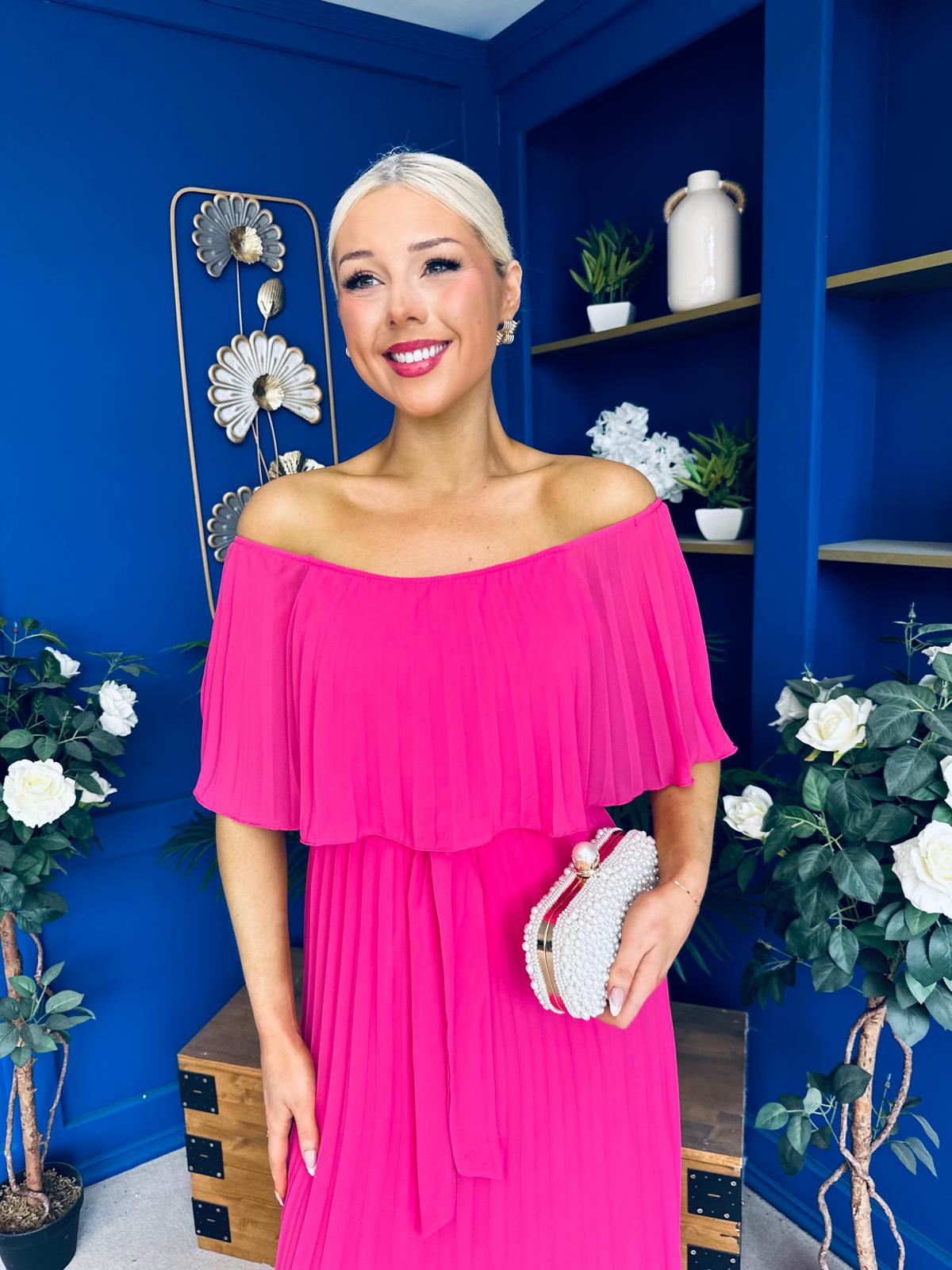 Aileen Pleated Bardot Midi Dress Hot Pink