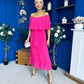Aileen Pleated Bardot Midi Dress Hot Pink