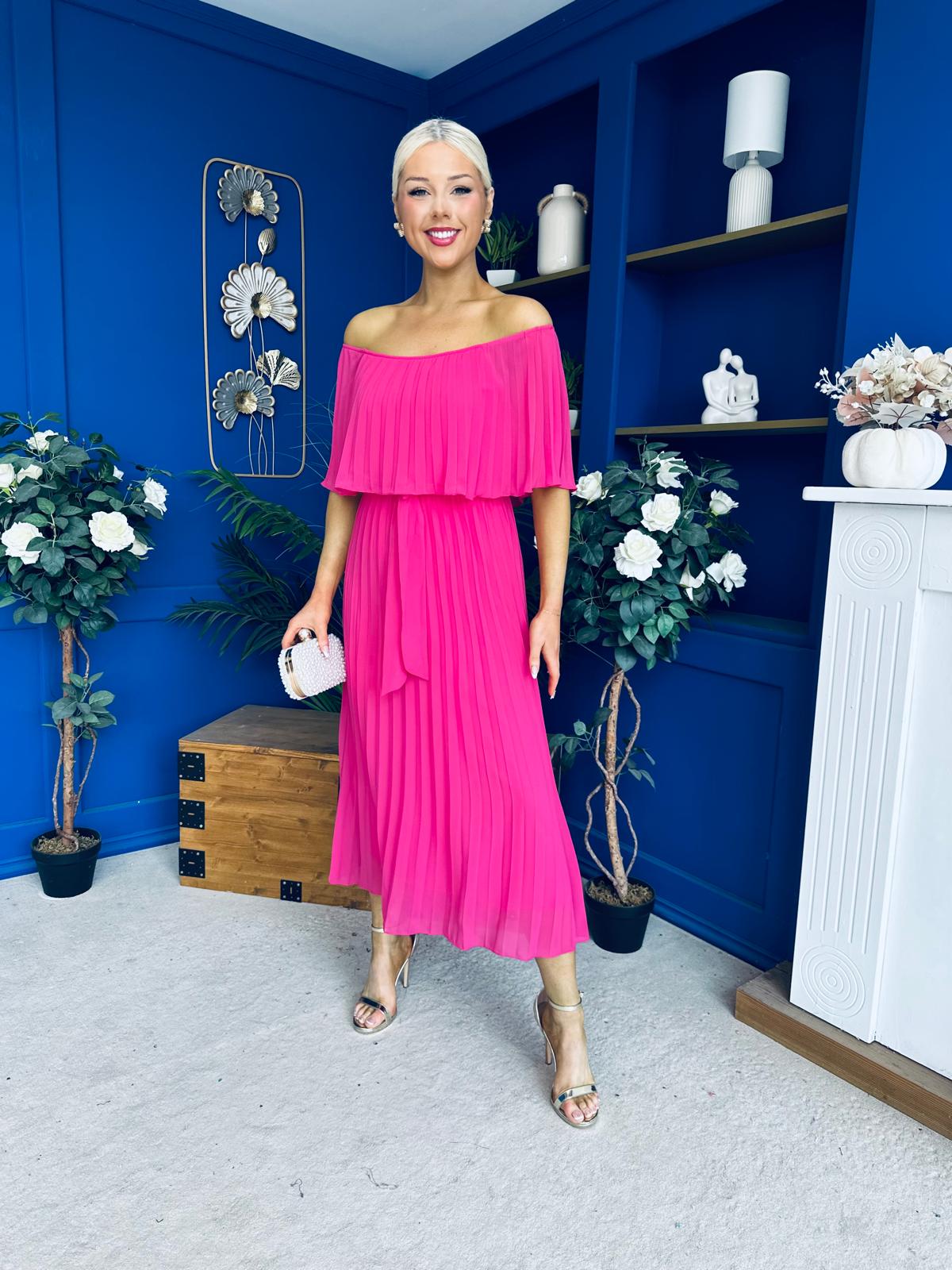 Aileen Pleated Bardot Midi Dress Hot Pink