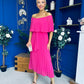 Aileen Pleated Bardot Midi Dress Hot Pink