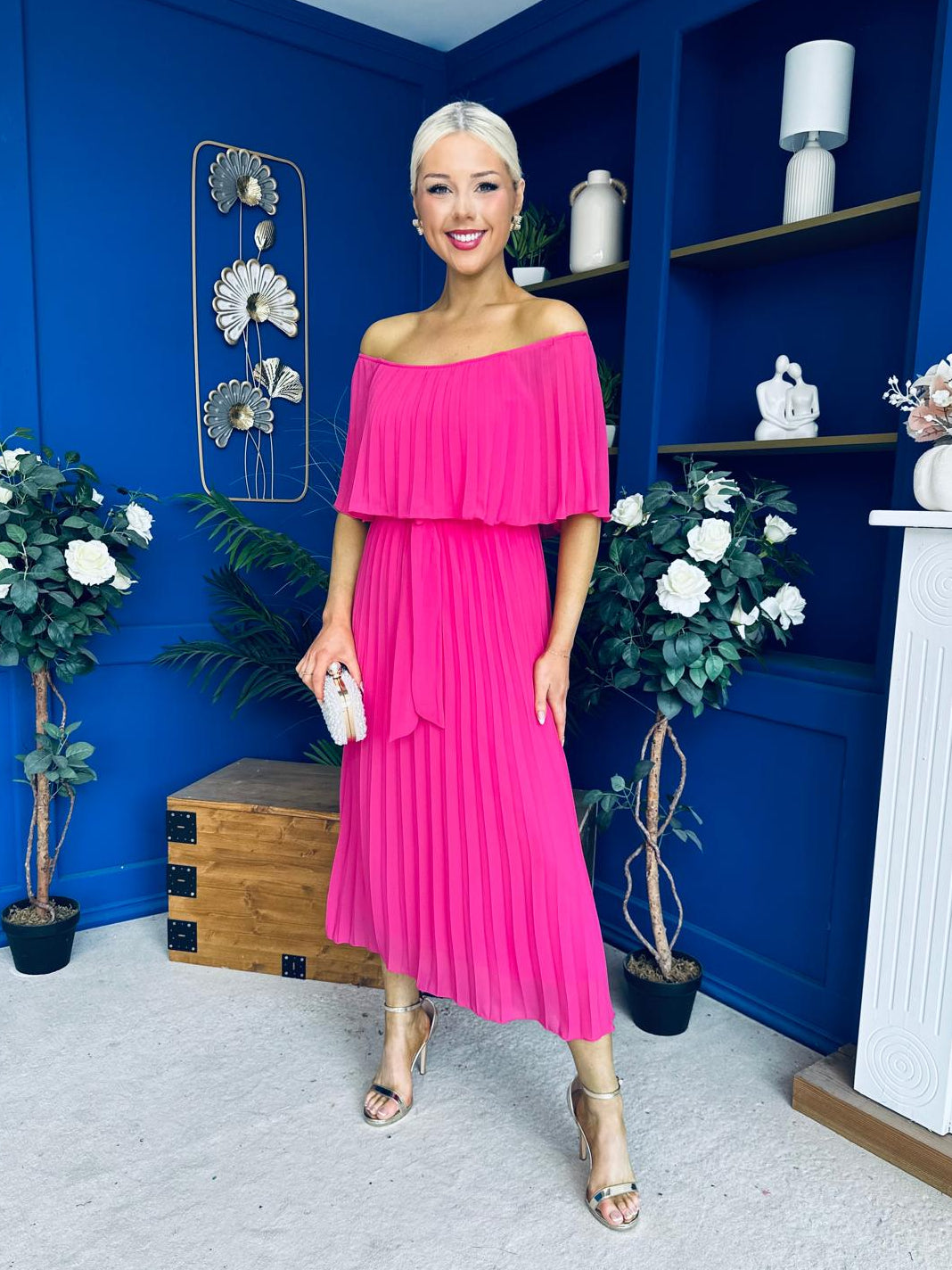 Aileen Pleated Bardot Midi Dress Hot Pink