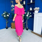 Aileen Pleated Bardot Midi Dress Hot Pink