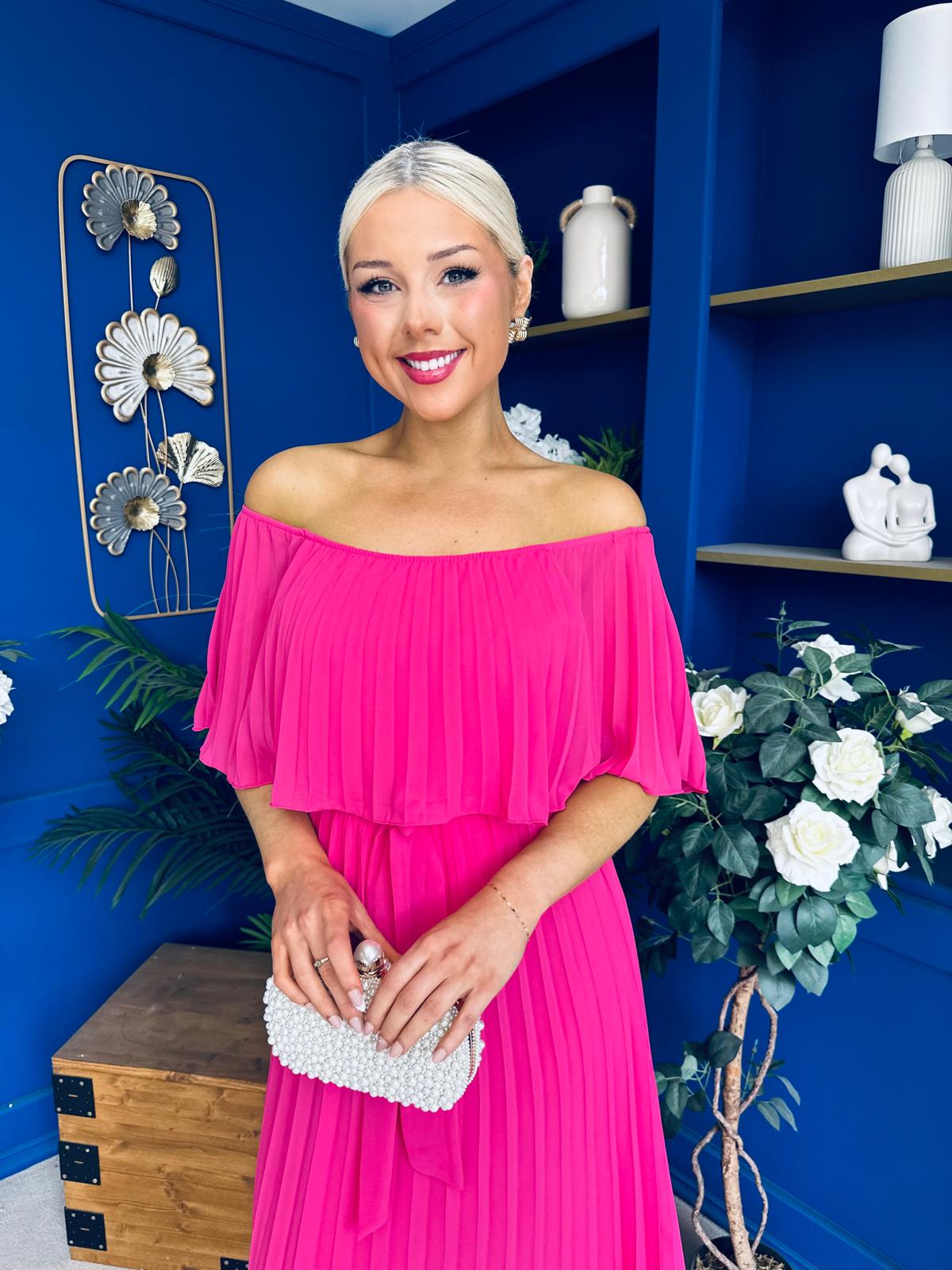 Aileen Pleated Bardot Midi Dress Hot Pink